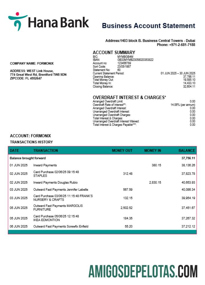 Imprimível Emirados Árabes Unidos Keb Hana Company Checking Account Statement Word And PDF modelo